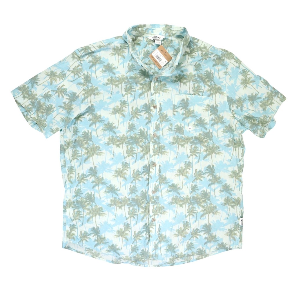 Eddie Bauer Baja Shirt Men XL Blue Palm Tree Print Cotton Celedon Beach Tropical